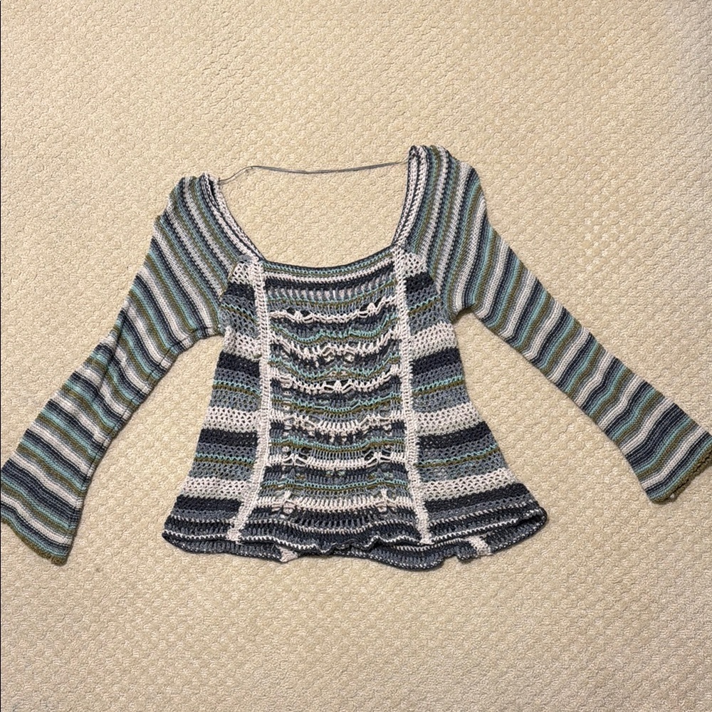 Free People Striped Knit Sweater with Flared Sleeves L